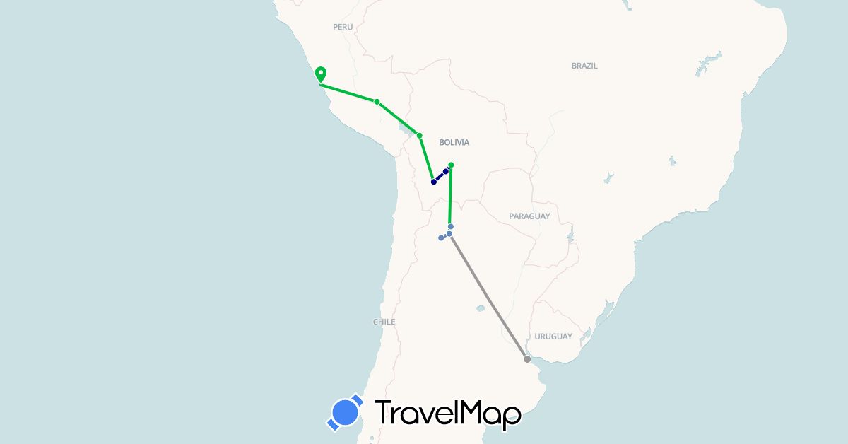 TravelMap itinerary: driving, bus, plane, cycling in Argentina, Bolivia, Peru (South America)